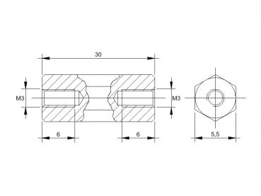 M3 x 8mm | Abstandsbolzen mit M3 Innen- / Innengewinde | SW 5.5