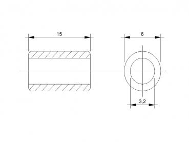 Maßblatt Abstandsrollen aus Messing für M3-Schrauben 15mm