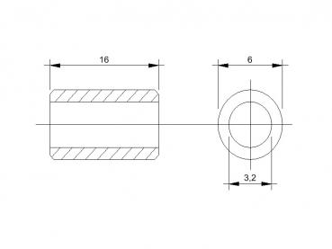 Maßblatt Abstandsrollen aus Messing für M3-Schrauben 16mm