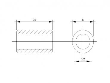 Maßblatt Abstandsrollen aus Messing für M3-Schrauben 20mm