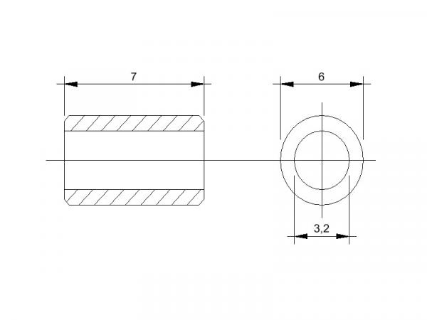 Maßblatt Abstandsrollen aus Messing für M3-Schrauben 7mm