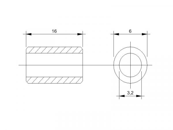 Maßblatt Abstandsrollen aus Messing für M3-Schrauben 16mm